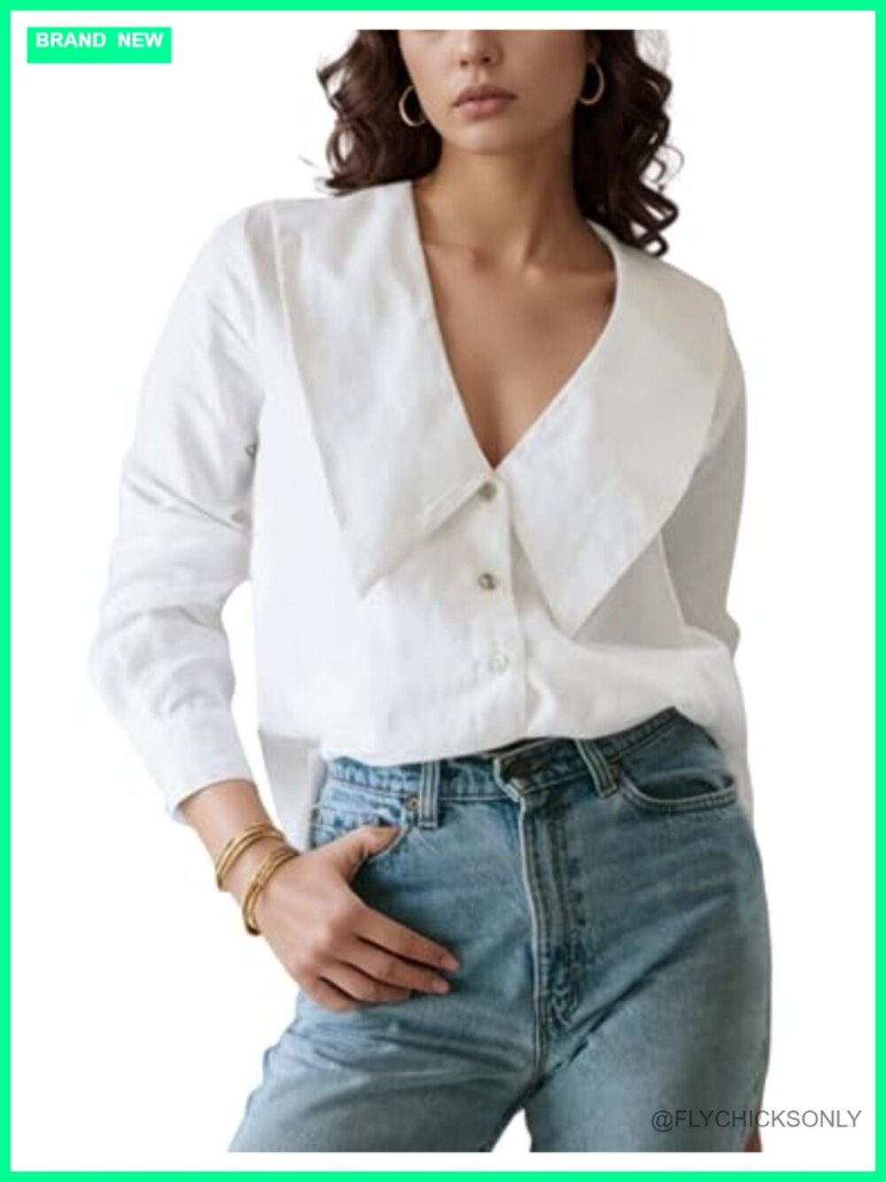 Cotton Linen V Neck Button Down Blouse Oversized Collar Long Sleeve